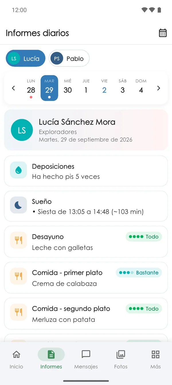 Informe diario en la app Nursery Parents