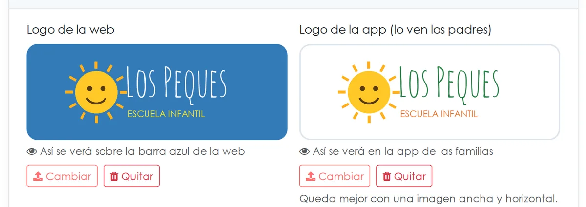Configuración del centro: un logo para la plataforma y otro para la app de las familias, con su vista previa